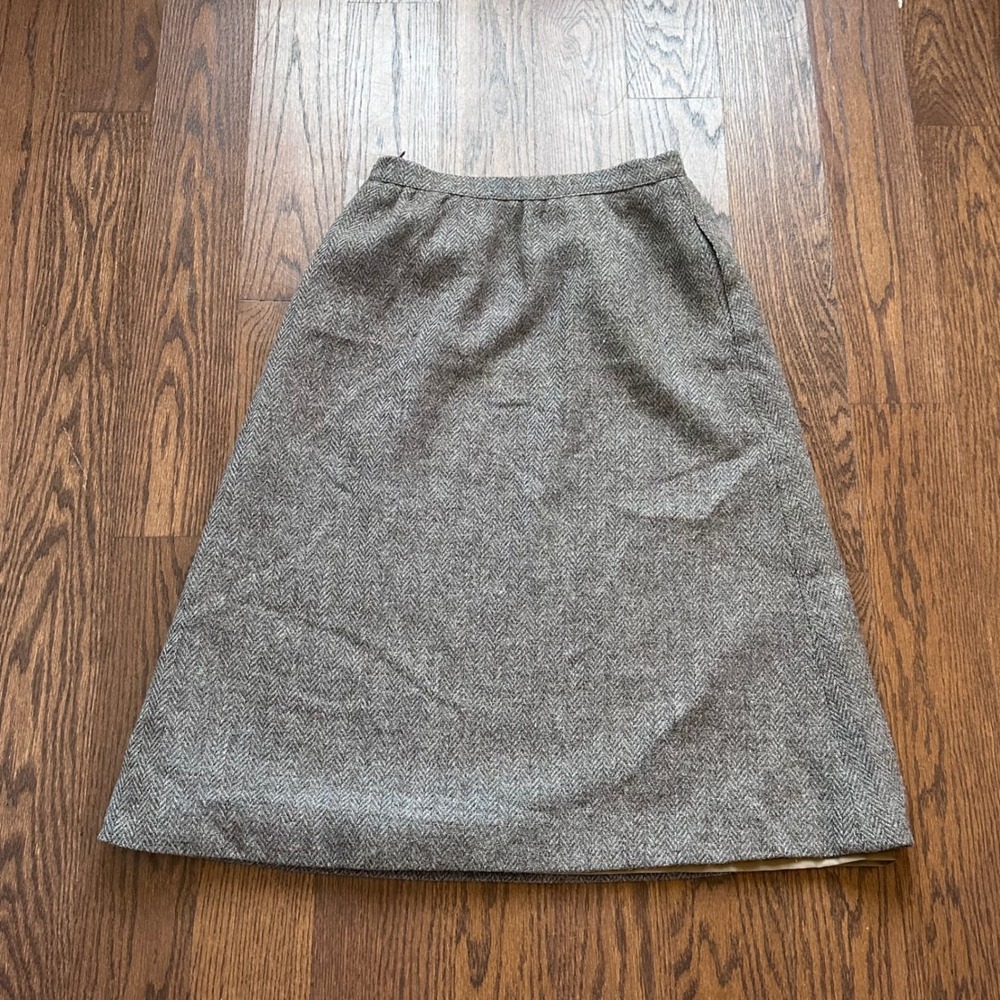 Rodier Paris Vintage Wool Herringbone A-Line Skirt Made in France Brown Blue 40
